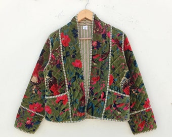 Handmade Reversible Velvet Quilted Jacket: Indian Block Print Coat