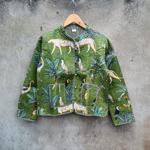 Reversible Hand Block Printed Cotton Quilted Jacket Short Women Wear Jacket And Coat Green Jungle Printed Quilted Jacket Gift For Her