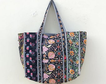Handmade Cotton Quilted Tote Bag: Patchwork Block Print Shopping Bag