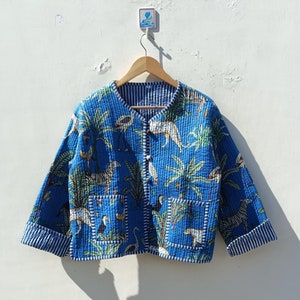 Jungle Print Cotton Quilted Jacket Strip Piping Cotton Coat Bohemian Vintage Jacket Women Wear Reversible Cotton Jacket And Gift For Her