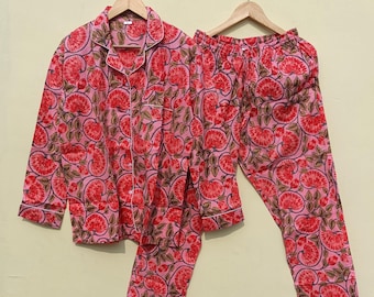 Handmade Indian Cotton Pajama Set: Lotus Print Nightwear
