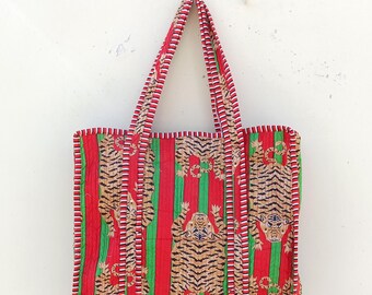 Tiger Print Cotton Tote Bag: Handmade Quilted Shoulder Bag