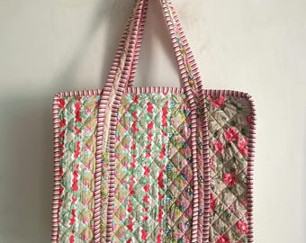 Handmade Patchwork Quilted Tote Bag: Beige Cotton Shoulder Bag