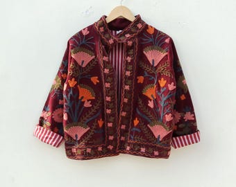 Handmade Velvet Embroidered Jacket: Indian Suzani Boho Coat