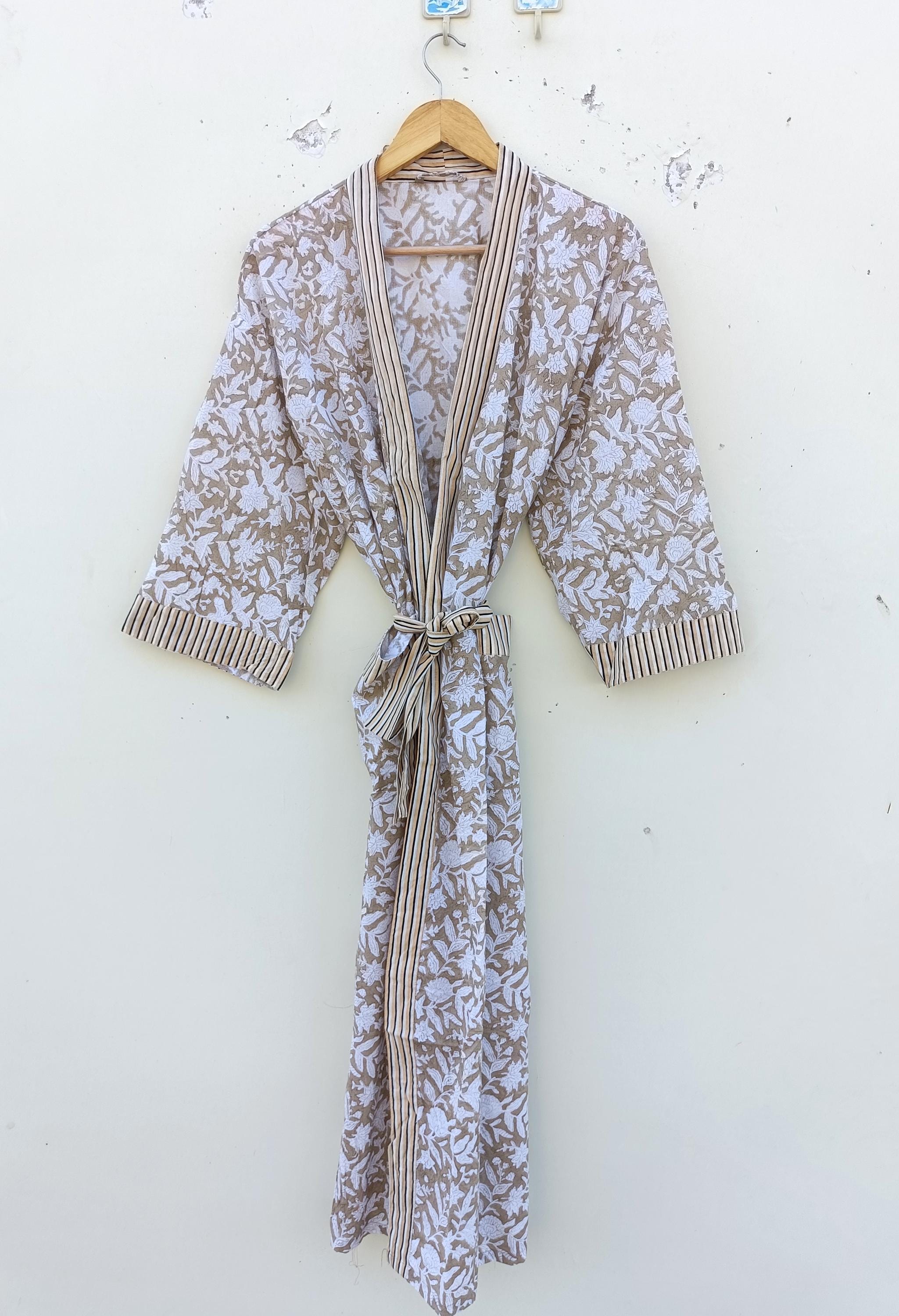 Handmade Block Print Cotton Kimono Robe: Indian Floral Design