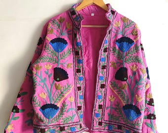 Handmade Suzani Embroidery Jacket: Indian Cotton TNT Quilted Coat