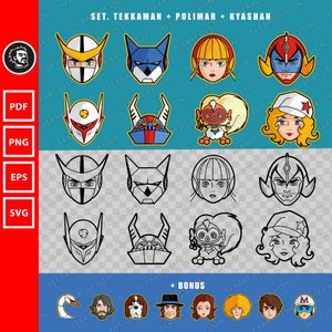 Conjunto Super-heróis Tatsunoko | tekkaman svg, arquivo vetorial, vetor polimar, casshern eps, anime clássico svg, png, svg, pdf, download digital