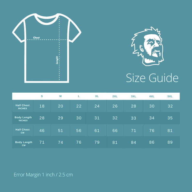 Op de afbeelding: Maattabel voor T-shirts met maten in inches en centimeters. De tabel toont de maat, de halve borst, de lichaamslengte en de overeenkomstige maten in inches en centimeters voor maten S tot en met 5XL.