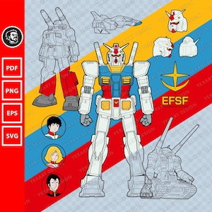 May include: A digital illustration featuring a white, blue, red, and yellow Gundam robot. The image includes line art of other Gundam robots, a star emblem with the text "EFSF", and character portraits. The image also includes the text "PDF", "PNG", "EPS", and "SVG".