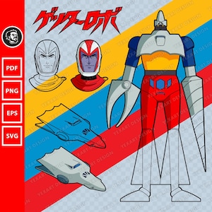 Puede incluir: Ilustración digital de un robot retro con esquema de color rojo, amarillo, azul y plateado. La imagen incluye dos diseños de casco, un avión y el texto japonés "Getter Robo". La imagen es un gráfico vectorial.