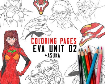 Kleurplaten van Eva Unit 02, Mecha Robot Asuka Lijntekening (Digitale Download)