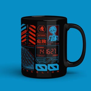 May include: Black ceramic mug with a wraparound design featuring red and blue graphics, including the text "REFUSED", "DANGER", and "14:16:27". The mug also displays the text "EVANGELION" and a character illustration.