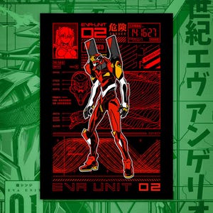 May include: A red and black graphic featuring an Evangelion Unit 02 robot. The image includes Japanese text and technical diagrams in red on a black background. The robot is in a dynamic pose, with yellow and white accents.