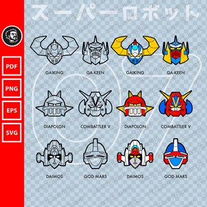 May include: A digital illustration of nine robot characters from the Japanese anime series "Getter Robo." The robots are depicted in a cartoon style with bold colors and simple lines. The names of each robot are listed below their respective images. The robots are: Gaiking, Ga-Keen, Diapolon, Combattler V, Daimos, God Mars.