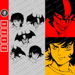 以下が含まれることがあります： 鋭い歯の大きな笑顔をしたキャラクターの白黒のイラスト。キャラクターはマントを着ており、大きく尖った頭をしています。キャラクターは赤い背景に囲まれています。