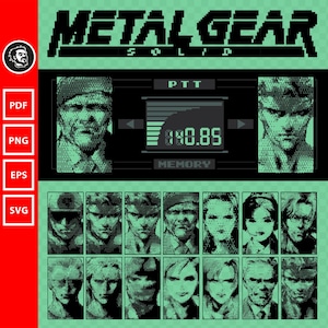 May include: A pixelated green graphic featuring the text "METAL GEAR SOLID" above a retro video game interface. The interface includes character portraits and a digital display. The left side has PDF, PNG, EPS, and SVG icons.