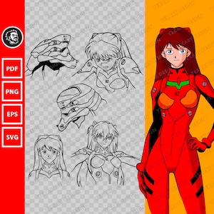 May include: A black and white line drawing of a character from the anime series Neon Genesis Evangelion. The character is wearing a red and orange suit with black accents. The character is standing with their right hand on their hip and their left hand raised. The background is a yellow color.