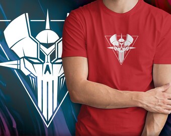 May include: Red t-shirt with a white graphic of a skull with horns inside a triangle. The text "ザメ×ロマ" is printed on a red banner at the bottom of the image.