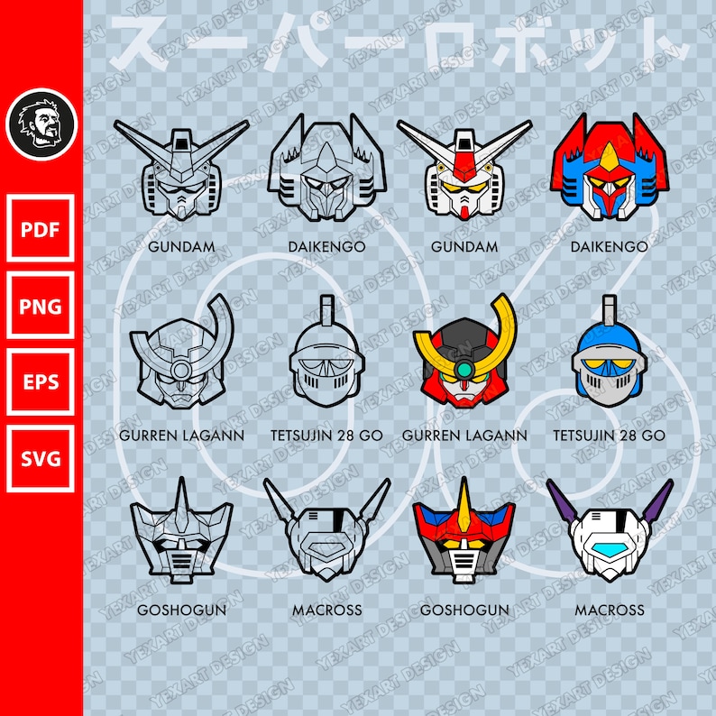 May include: A grid of nine cartoon robot heads, each with a different design and color. The robots are from popular anime series, including Gundam, Daikengo, Gurren Lagann, and Tetsujin 28 Go. The robots are all in a cartoon style and have a variety of colors, including red, blue, green, and yellow.