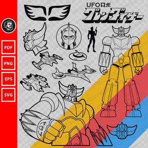 Grendizer instellen | super robot svg, vectorbestand, vector mecha, ufo robot svg, goldrake svg, hertog gevlucht eps, png, svg, pdf, digitale download
