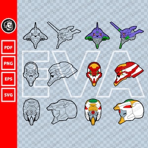 May include: A set of ten digital cut files featuring different designs of the iconic Evangelion robots. The designs are in black and white and include various angles of the robots' heads and bodies.