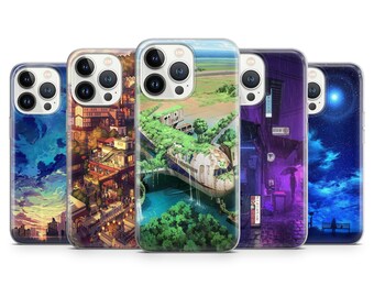May include: Set of five phone cases with different designs. The designs include a cityscape, a plane in a forest, a city street at night, and a starry sky.