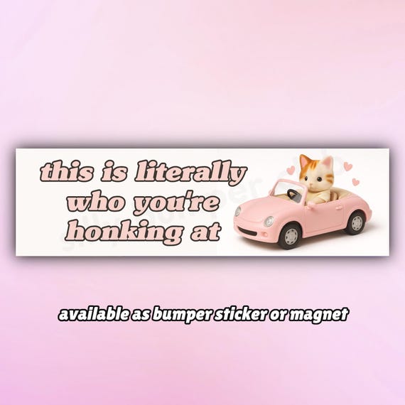 Cute Pink Bumper Sticker or Bumper Magnet "This is Literally Who You're Honking At", Funny Girly Cat Car Decal, Kawaii Car Magnets/Stickers