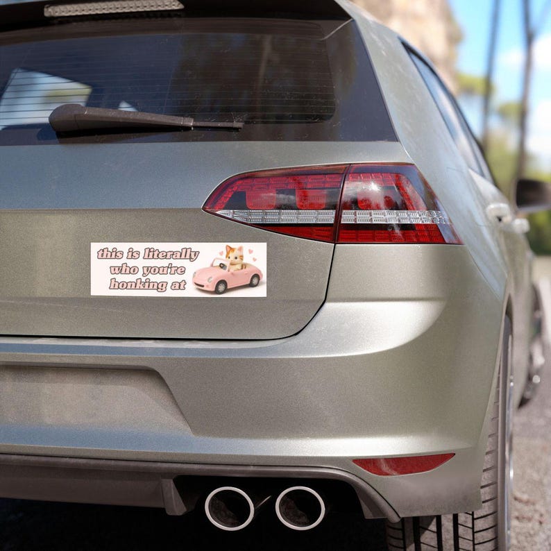 May include: A rectangular bumper sticker on a car with the text "this is literally who you're honking at." The sticker features a cartoon cat driving a pink convertible. The car has hearts floating around it.