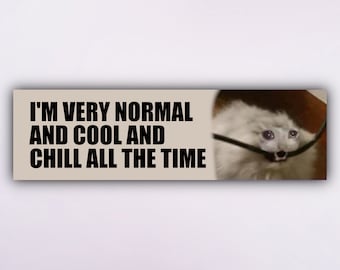 May include: A white cat with wide eyes and an open mouth is trapped in a black cord. The text "I'm very normal and cool and chill all the time" is written above the cat.