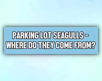 May include: A light blue banner with white text that reads "PARKING LOT SEAGULLS - WHERE DO THEY COME FROM?"
