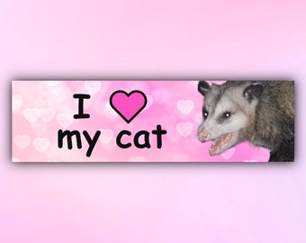 Funny Possum Bumper Sticker &quot;I &lt;3 my cat&quot;, Meme Car Sticker, Gen Z Bumper Sticker