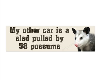 Może przedstawiać: Biało-szary opos z czarnymi oczami i różowym nosem patrzy w prawo. Opos znajduje się na beżowym tle z tekstem "My other car is a sled pulled by 58 possums".