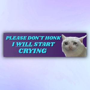 Funny Cat Bumper Sticker or Car Magnet &quot;Please Don&#39;t Honk I Will Start Crying&quot;, Sad Cat Meme Car Sticker, Gen Z Decal