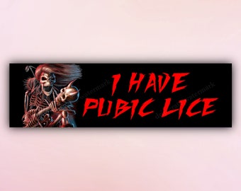 May include: A black bumper sticker with a red skeleton holding a skull and the text "I HAVE PUBLIC LICE" in red.