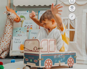 Caja de juguetes Montessori con forma de coche y ruedas / Contrachapado de abedul con certificación FSC / Organizador para sala de juegos