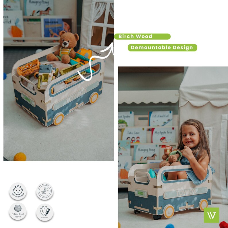 Puede incluir: Una caja de juguetes azul y blanca con forma de furgoneta vintage con ruedas. La caja de juguetes est&aacute; hecha de madera de abedul y tiene un dise&ntilde;o desmontable. La caja de juguetes est&aacute; llena de juguetes, incluyendo un oso de peluche, un coche de juguete y un cami&oacute;n de juguete. La caja de juguetes est&aacute; sentada en un suelo de madera.