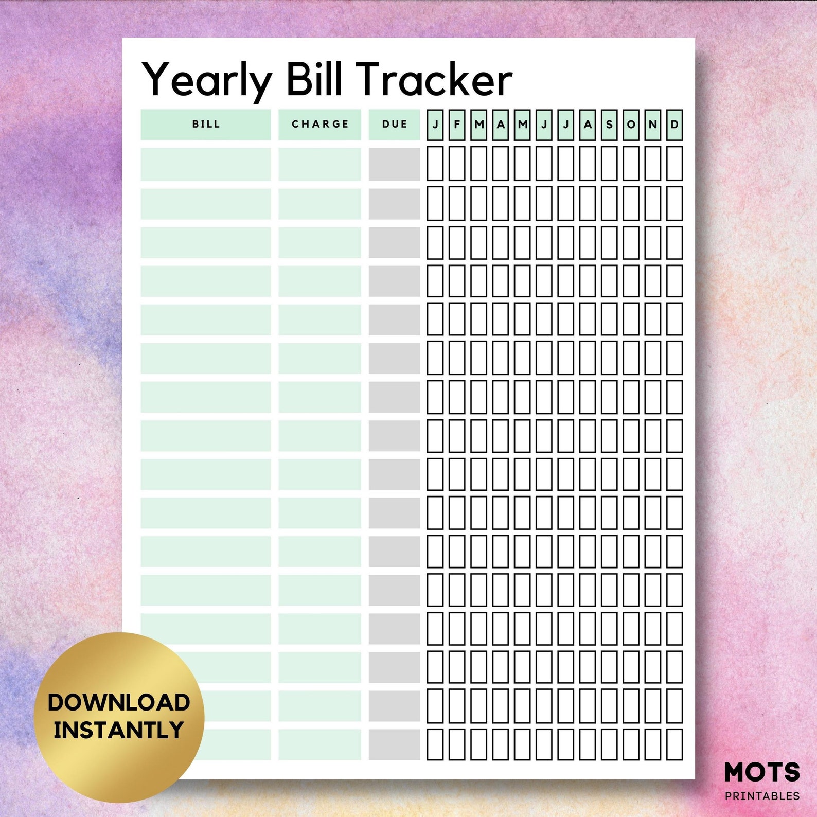 Editable &amp; Printable Yearly Bill Tracker, Financial Planner, Bill ...