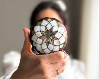 Pearl Vintage Hand Mirror, Lotus Mirror Pacific Blue Mother of Pearl Inlay Handmade Vintage Makeup Hand Mirror, Compact Makeup Hand Mirror