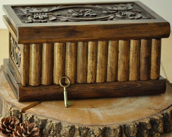 Personalized Large Vintage Hand Carved Walnut Magic Box, Wooden Secret Lock Puzzle Box, Wood Carving Treasure Chest, Jewelry Box Secret Key