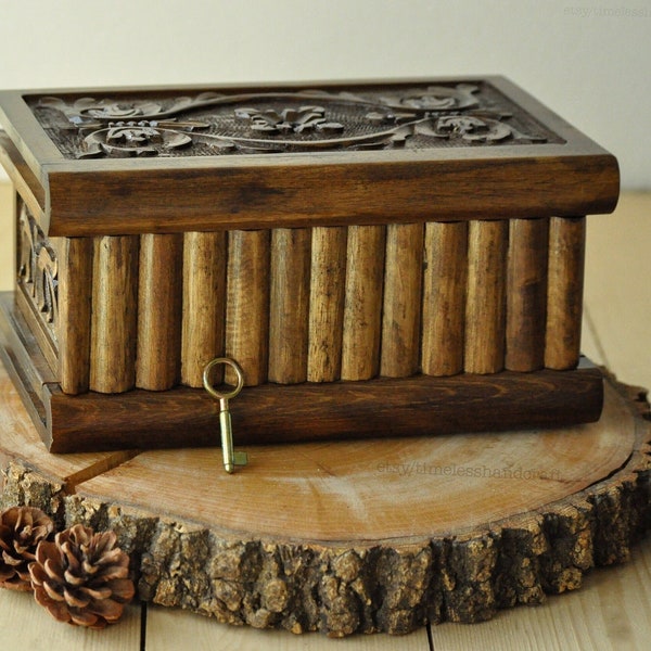 Large Vintage Hand Carved Walnut Magic Box, Wooden Secret Lock Puzzle Box, Wood Carving Treasure Chest, Jewelry Box with Secret Key