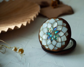 Pearl Vintage Hand Mirror, Blue Mother of Pearl Handmade Vintage Makeup Mirror, Compact Makeup Hand Mirror, Lotus Mirror, Antique Mirror