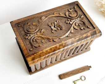 Large Personalized Wooden Hand-Carved Locked Box, Secret Vintage Locking Jewelry Box, Handmade Secret Lockable Chest, Treasure Mystery Box