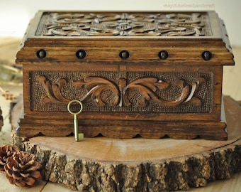 Personalized Large Vintage Hand Carved Walnut Magic Box, Large Wood Carving Treasure Chest, Wooden Secret Lock Puzzle Box, Locking Box