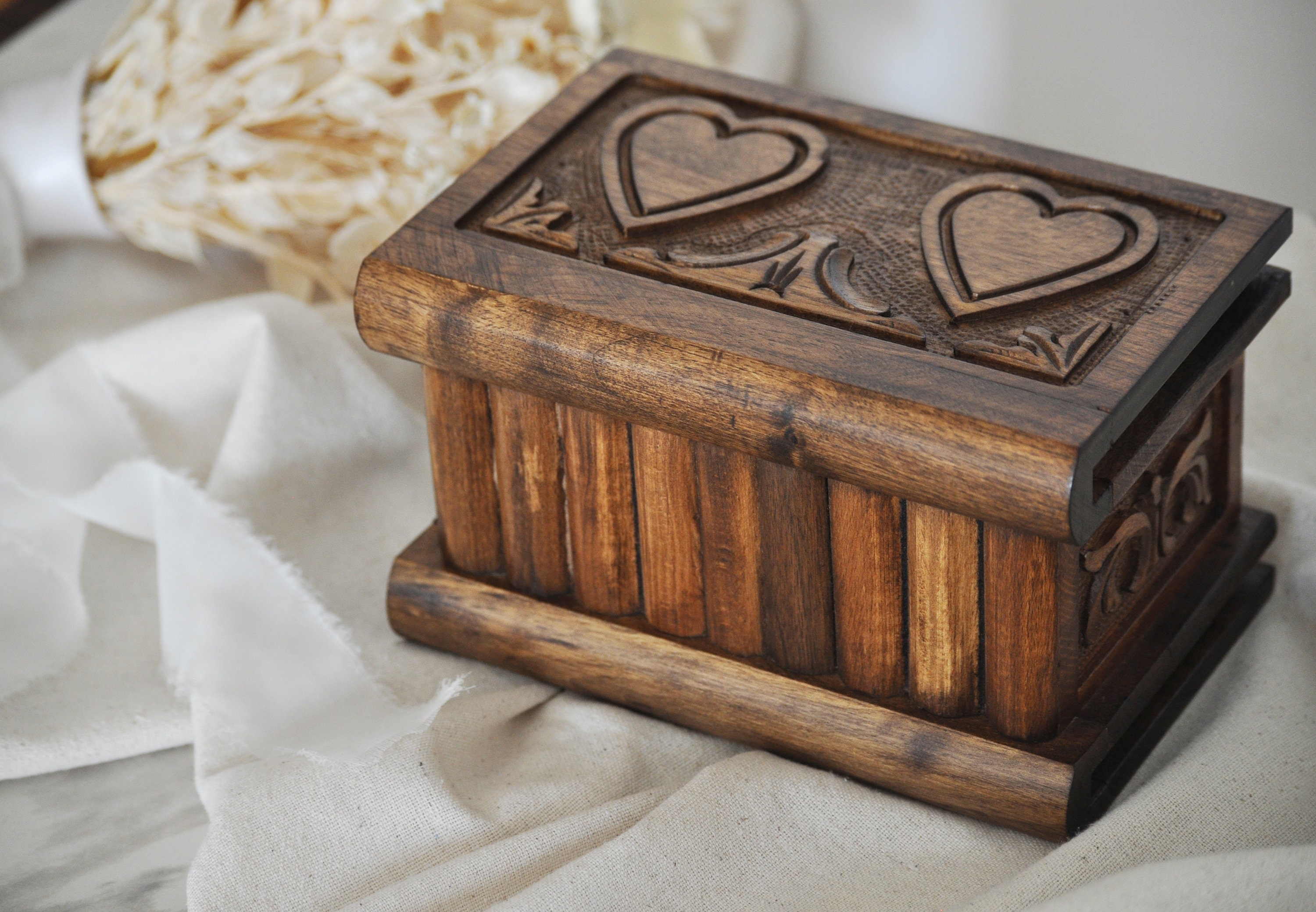 Personalized Wooden Puzzle Box, Hand Carved Wooden Secret Lock Box, Vintage Jewelry Box, Puzzle Box with Secret Key, Heart Engraved Gift