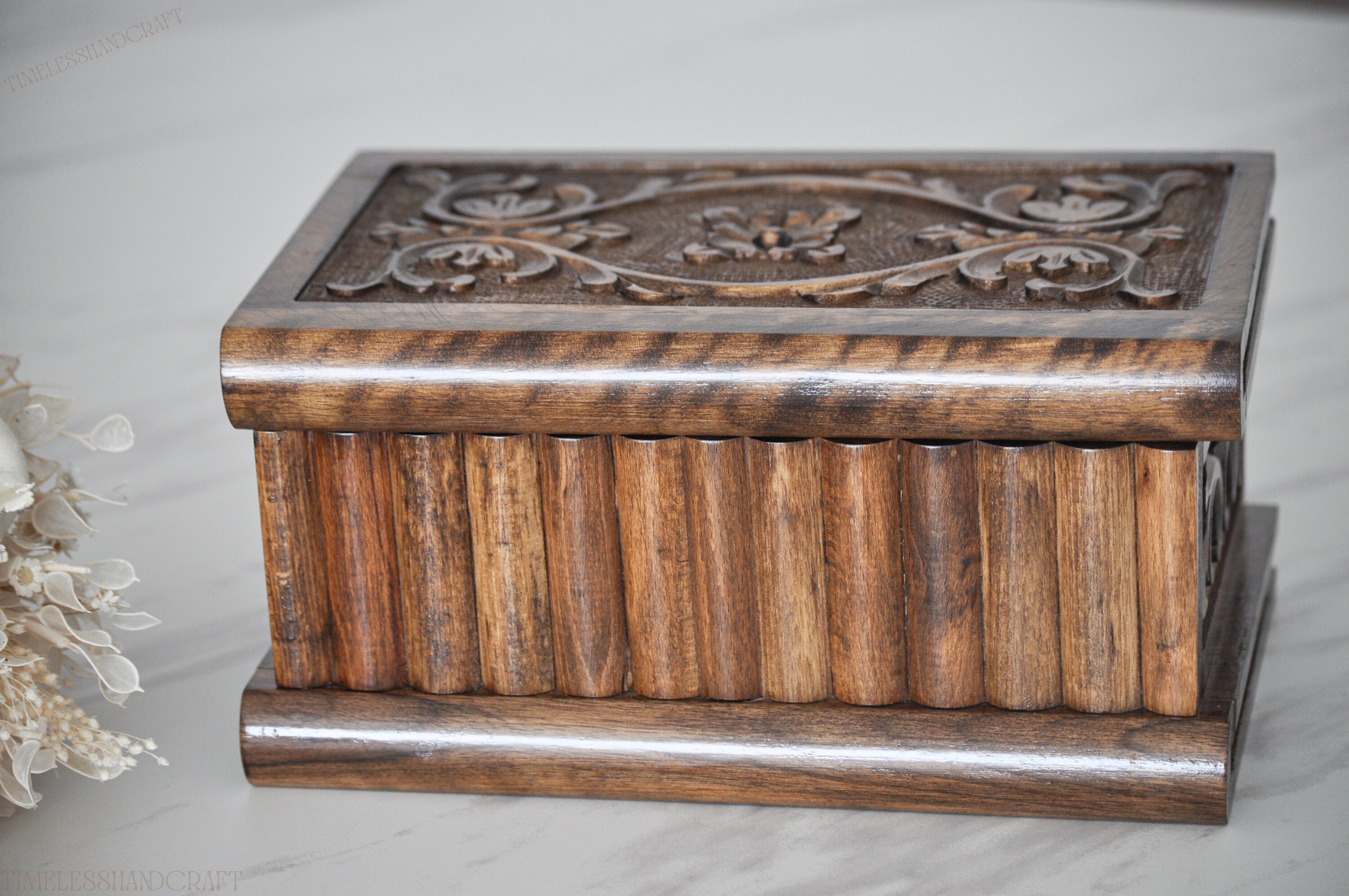 Puzzle Box With Secret Key, Hand Carved Walnut Box, Vintage
