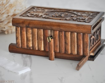 Puzzle Box with Secret Key, Hand Carved Walnut Box, Vintage Jewelry Box, Magic Box, Puzzle Box for Adults, Vintage Memory Box, Gift Box