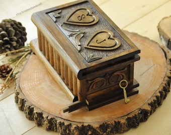 Personalized Wooden Secret Lock Puzzle Box, Heart Jewelry Box, Wood Heart Engraved Treasure Chest, Hand Carved Vintage Box with Secret Key