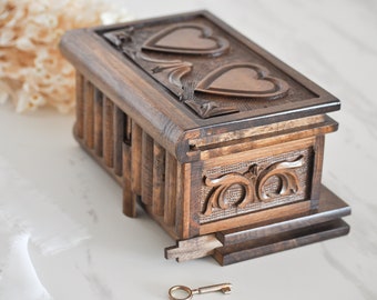 Personalized Wooden Puzzle Box, Hand Carved Wooden Secret Lock Box, Vintage Jewelry Box, Puzzle Box with Secret Key, Heart Engraved Gift