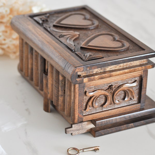 Personalized Wooden Puzzle Box, Hand Carved Wooden Secret Lock Box, Vintage Jewelry Box, Puzzle Box with Secret Key, Heart Engraved Gift