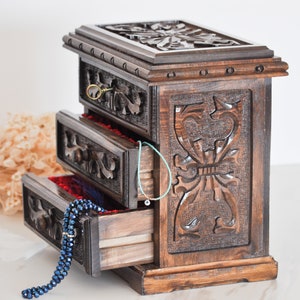 Wooden Jewelry Organizer with Drawers, Vintage Engraved Jewelry Box with Mirror, Wood Jewelry Storage, Handmade Jewelry Box with Key